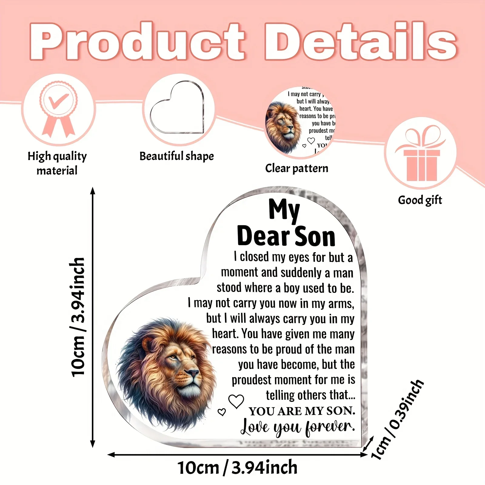 My Dear Son Heart‑Shaped Acrylic Plaque, Lion Portrait Inspirational Sentimental Gift
