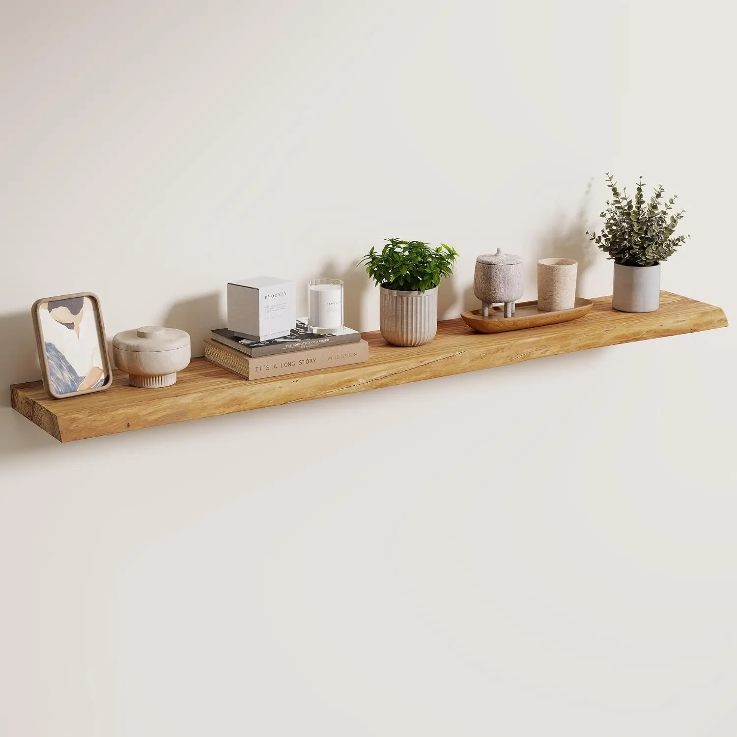 Axeman 48 inch Floating Shelves for Wall - 8'' D Live Edge Rustic Solid Elm Wood Floating Shelves Wall Mounted, Hanging Shelves