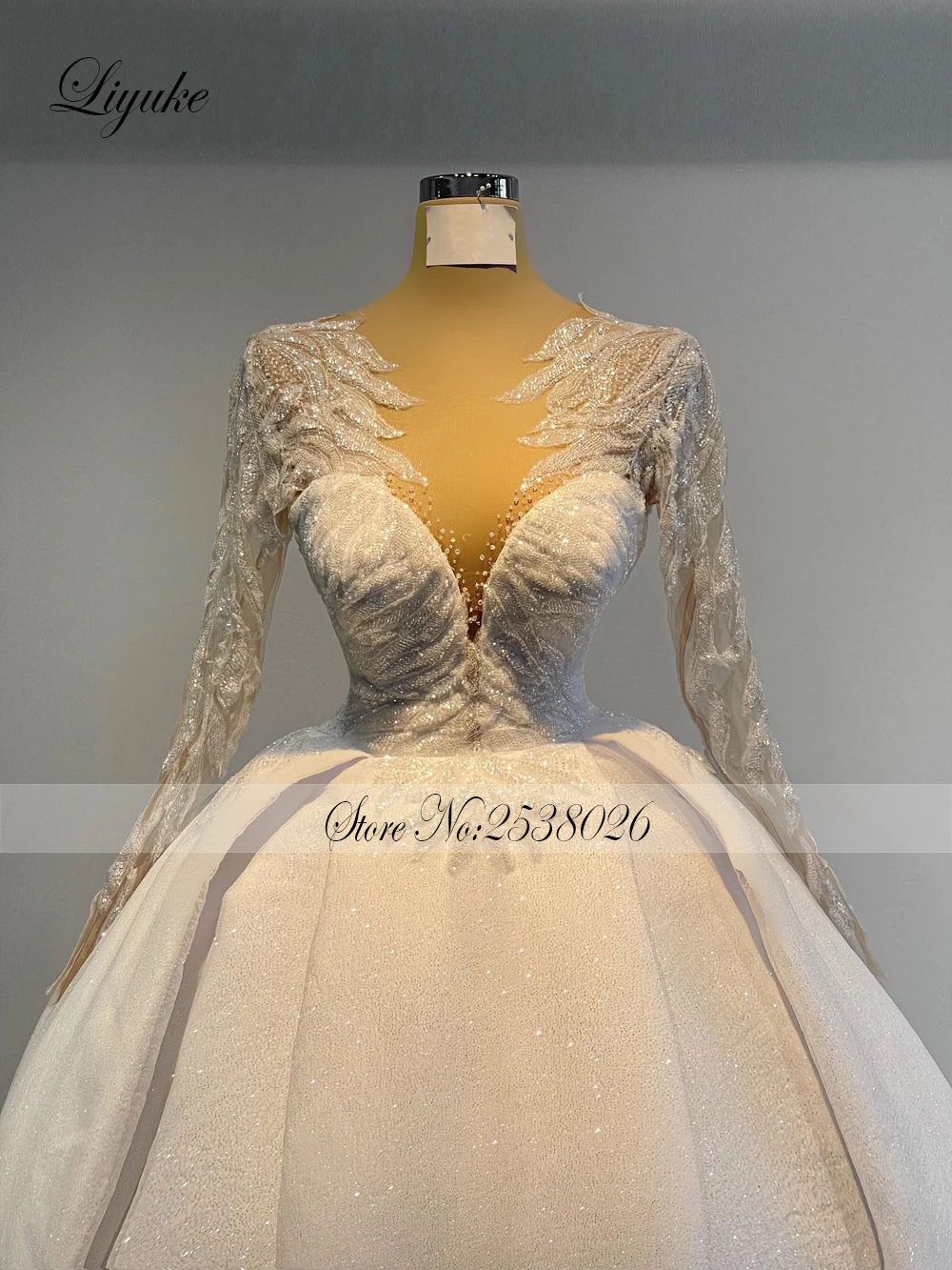 Liyuke Illusion V-Neck A-Line Wedding Dress Shiny Beading Pearl Lace Full Sleeves Elegant Bride Gowns