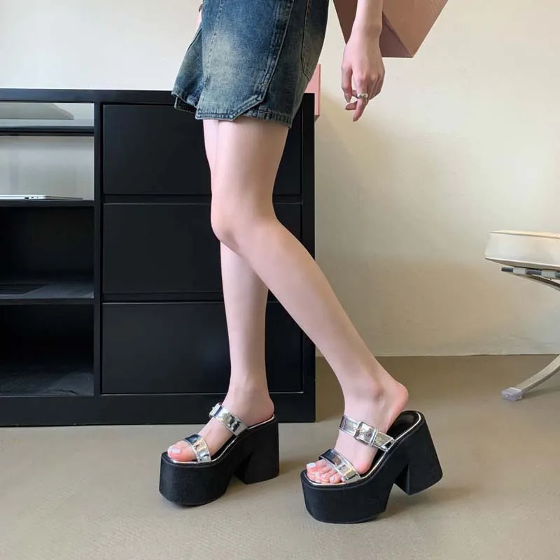 Womens Slippers Black Platform High Heels Sandals Silver Belt Buckle Chunky Heeled Sandals Punk Gladiator Shoes Summer Wedges