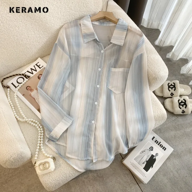 

Korean Casual Style Turn-down Collar Long Sleeve Blouses 2024 Summer Women Striped Chic Single Breasted Loose Fit Shirts