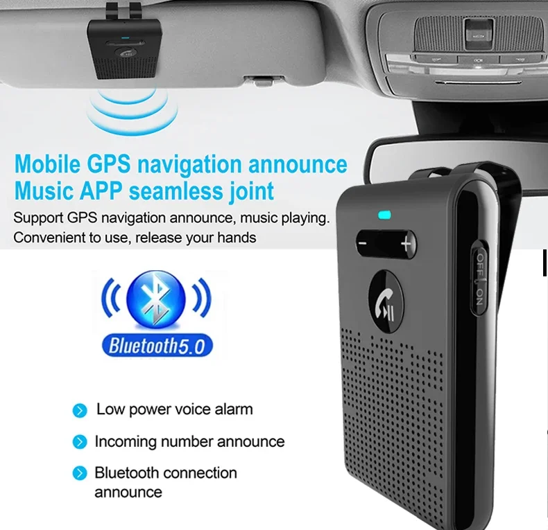 

V5.0 Bluetooth-динамик Автомобильный комплект громкой связи Зажим для солнцезащитного козырька Беспроводной аудиоприемник Громкая связь Громкий музыкальный плеер с микрофоном