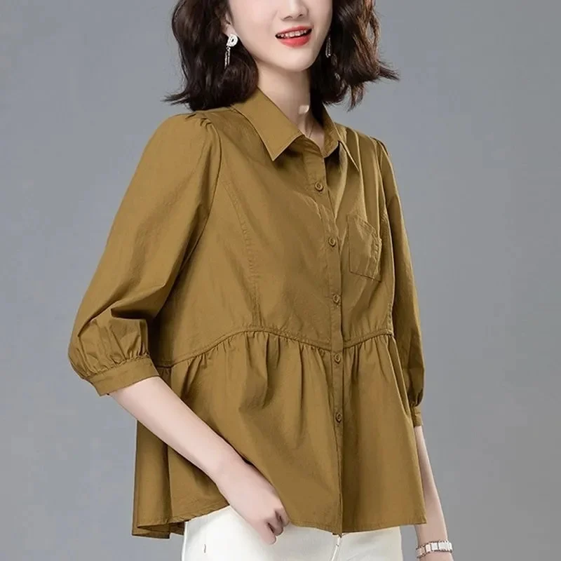 2024 Ladies Five Branch Sleeve Shirts Spring Autumn Women Loose Large Size 4XL Fold On Shirt Female Solid Color Cardigan Blouse