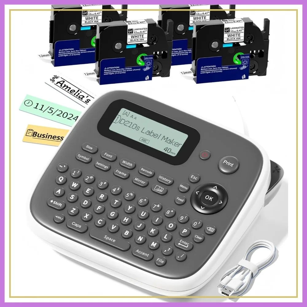 

Label Maker with 4 Tapes, 12mm Laminated Labels, D210s Desktop Label Printer for File Folders, Daycare Name Tags, School Office Supplies