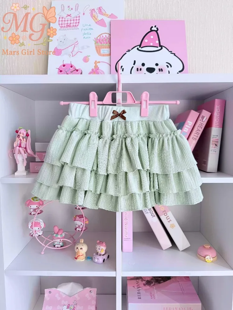 Japanese Green Ballet Sweet Ruffle Tiered Cake Skirt Women Pleated Puffy Cake Mini Skirt Princess Fairycore Cute Summer Outfit