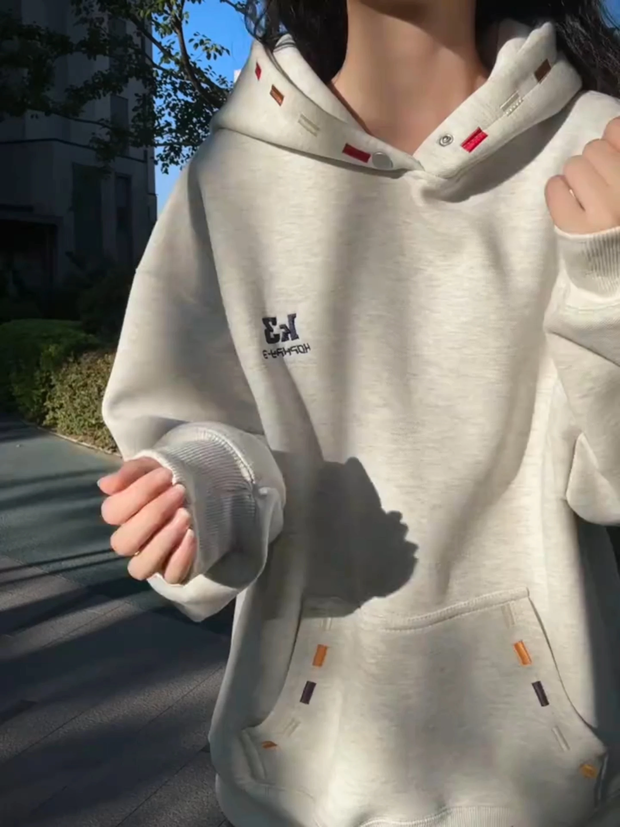 

American Sle Heavyweight Rainbow Embroidery Hoodie ex Autumn Winter Thiened Design Sense Lazy Sle Jaet