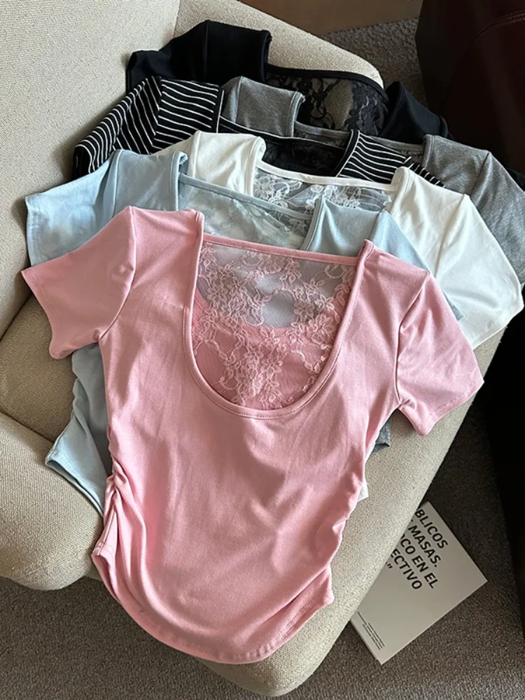 

Elegant Lace Splice Slim Fit Short Sleeve T-Shirt Women's Fashionable Korean Style Commute Wind Summer New Arrival Shirt
