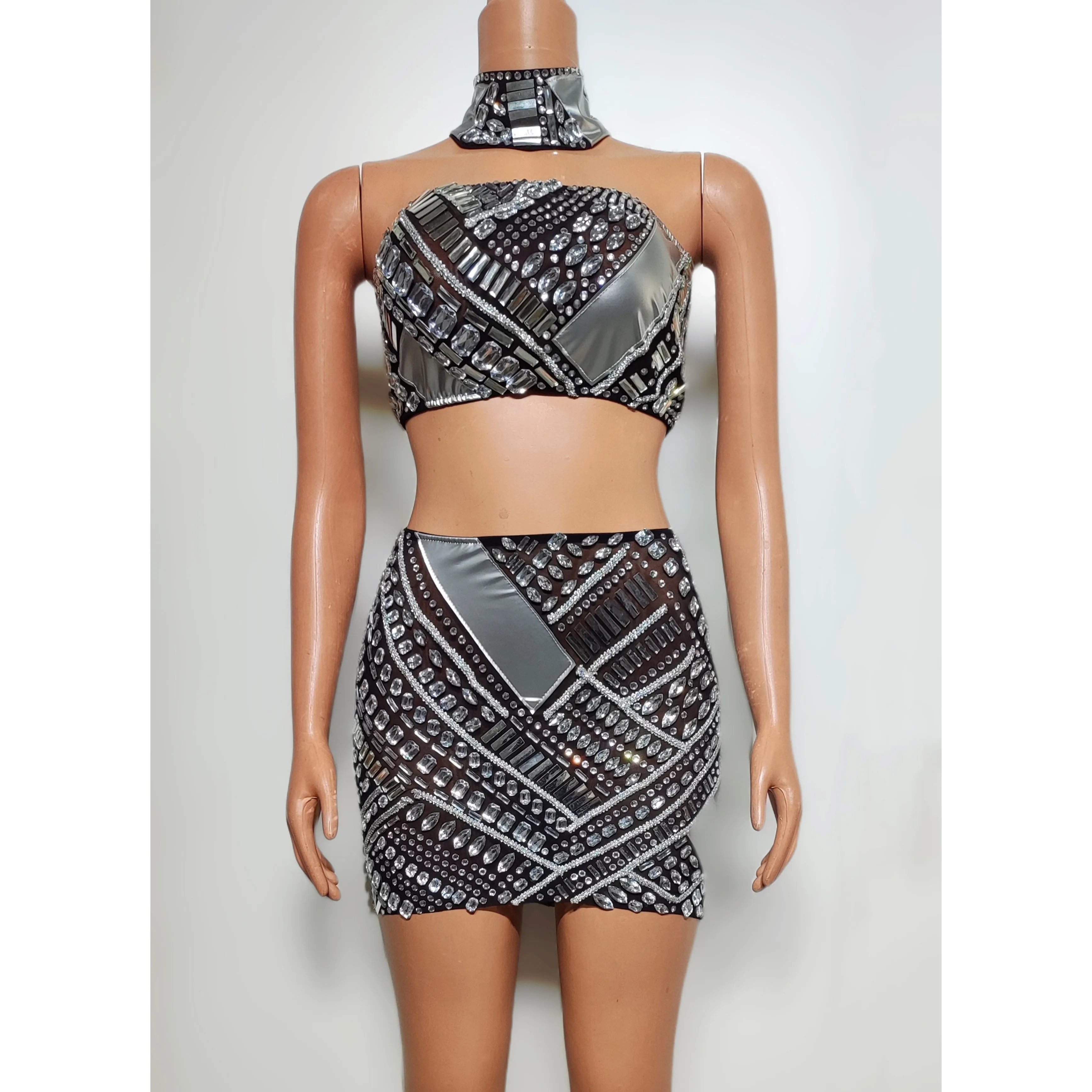 2025 Multi-Color Rhinestone Festival Clothing Gogo Wear Sexy Nightclub Bar Club Performance Cotume Women Collar Crop Tops Skirt