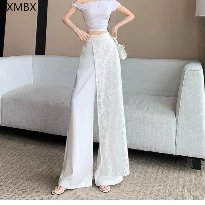 Si Die Pet Wide Leg Pants: Lace Splicing High Waist Breathable Loose Design Summer Wide Leg Pants