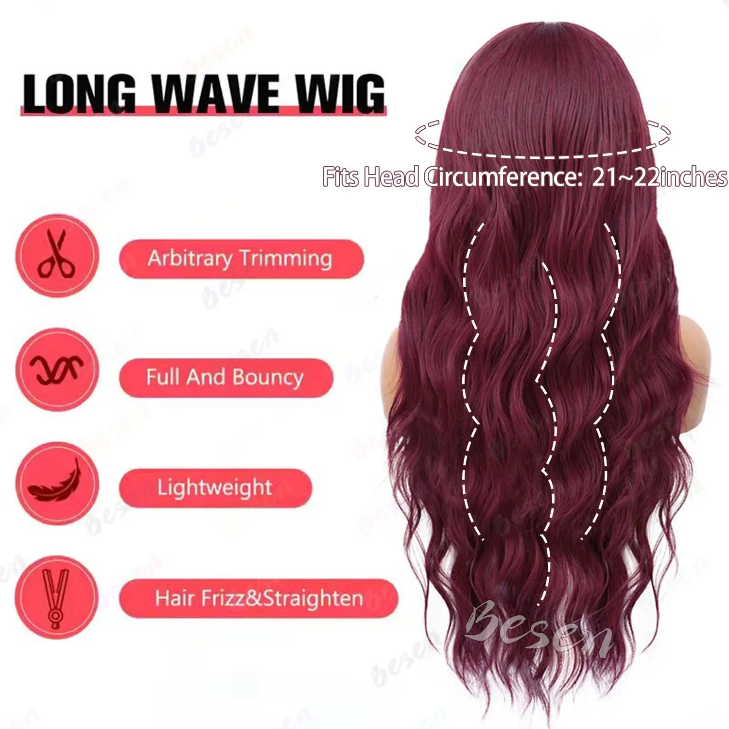 باروكة صناعية بلون النبيذ الأحمر مع شعر طويل مجعد وغرة للاستخدام اليومي في الحفلات. مصنوعة من ألياف تتحمل درجات الحرارة العالية، شعر مستعار متعدد الألوان #4