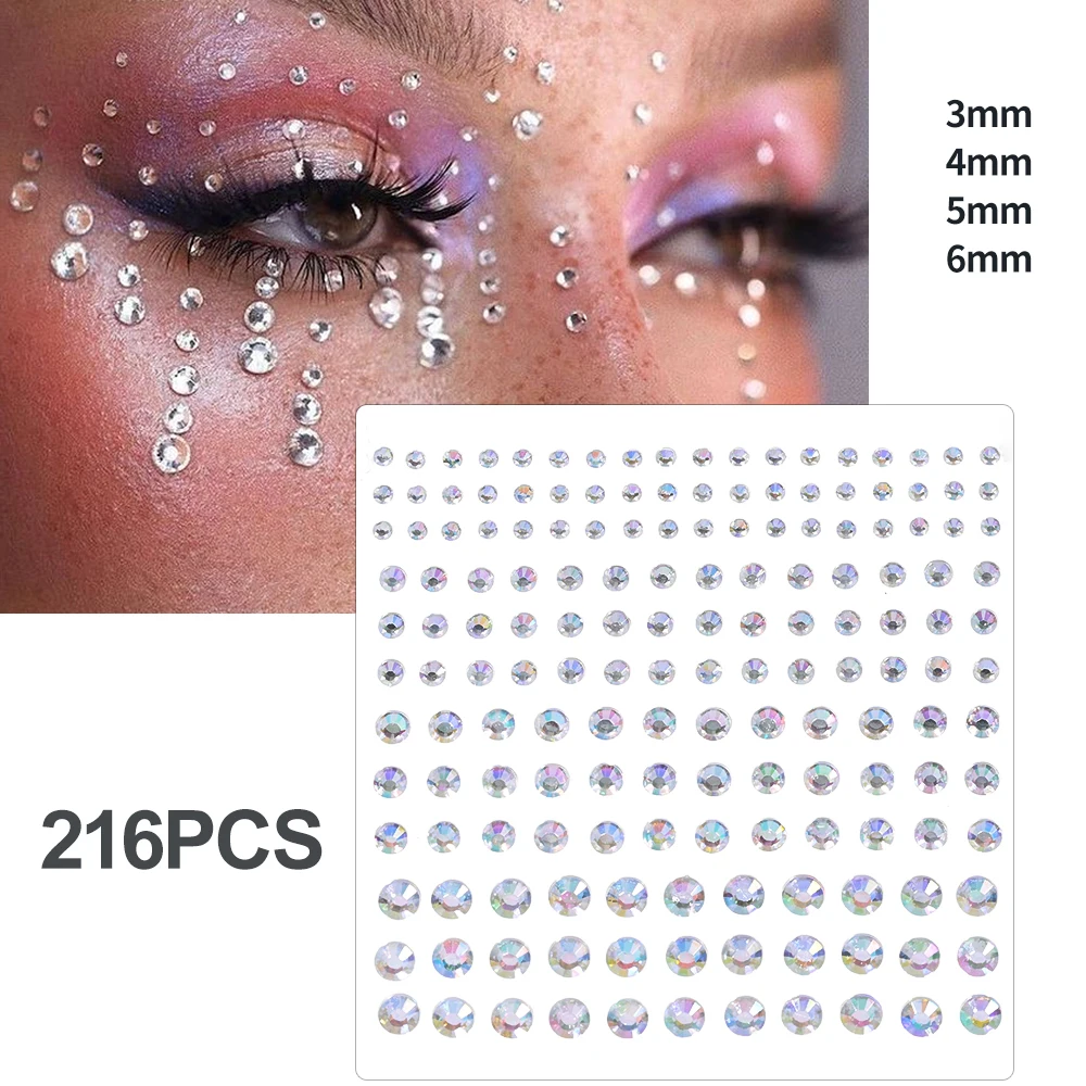 162/216/900 Stück Diamant-Tattoos-Aufkleber für Augen, Gesicht und Körper, 3/4/5/6 mm, farbiges Glitzer-Strass-Tattoo für Party-Make-up, Edelstein-Zubehör