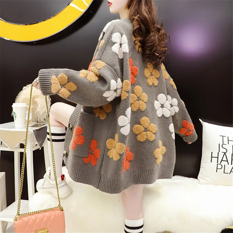 Towel Embroidered Flower Sweet Sweater Coat Women's Autumn and Winter New Collection Women's Small Fresh Lazy Style Knitted