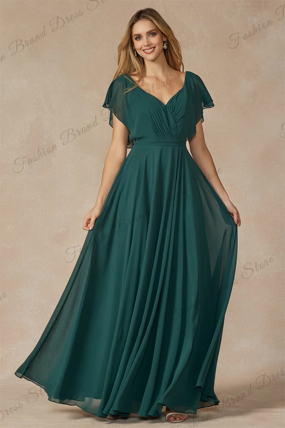 Chiffon Off-the-shoulder V-neck Bridesmaid Dress for Wedding Corset Short Sleeves Formal Evening Gowns A-line Long Prom Gowns