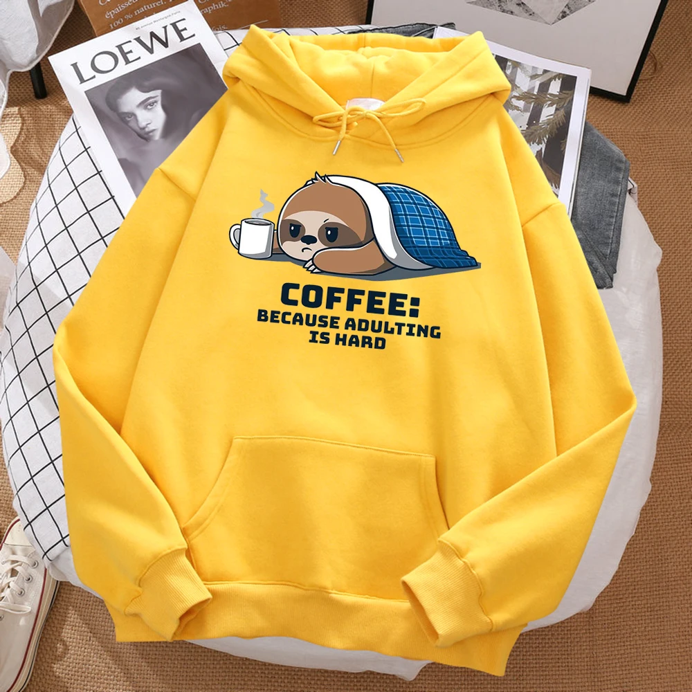 Coffee Because Adulting Is Hard Cute Sloth Man Hoodie Hip Hop Soft Hoody Cartoons Warm Sweatshirt Harajuku Unisex Sportswears