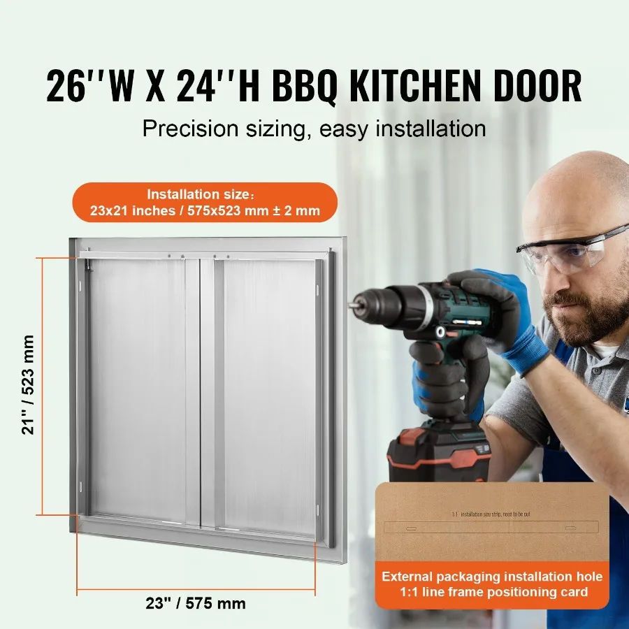BBQ Access Door, 26W x 24H Inch Double Outdoor Kitchen Door, Stainless Steel Flush Mount Door, Wall Vertical Door with Recessed