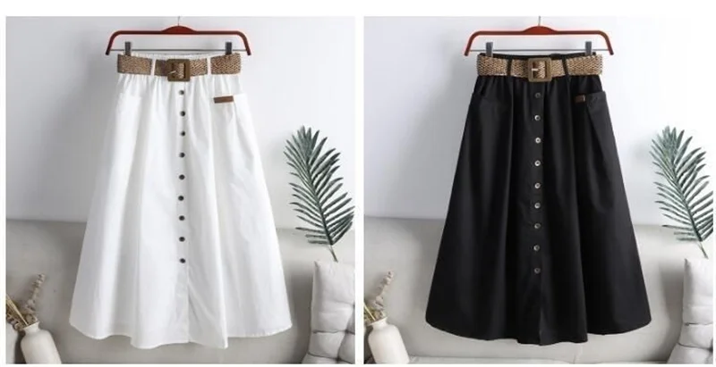 2025 Spring Summer Women Washed Cotton Elastic High-waist Skirt Pocket Belt Solid Long A-line Skirts Split Hem All-match Skirts
