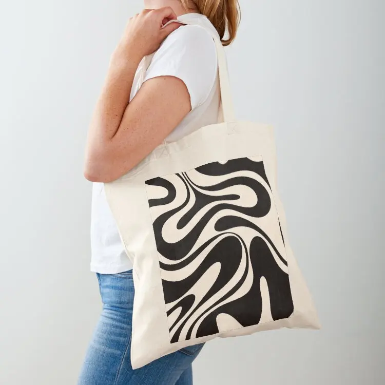 

Retro Fantasy Swirl Abstract in Black and Almond Cream Tote Bag reusable grocery bags eco bag folding tote bag custom handbag