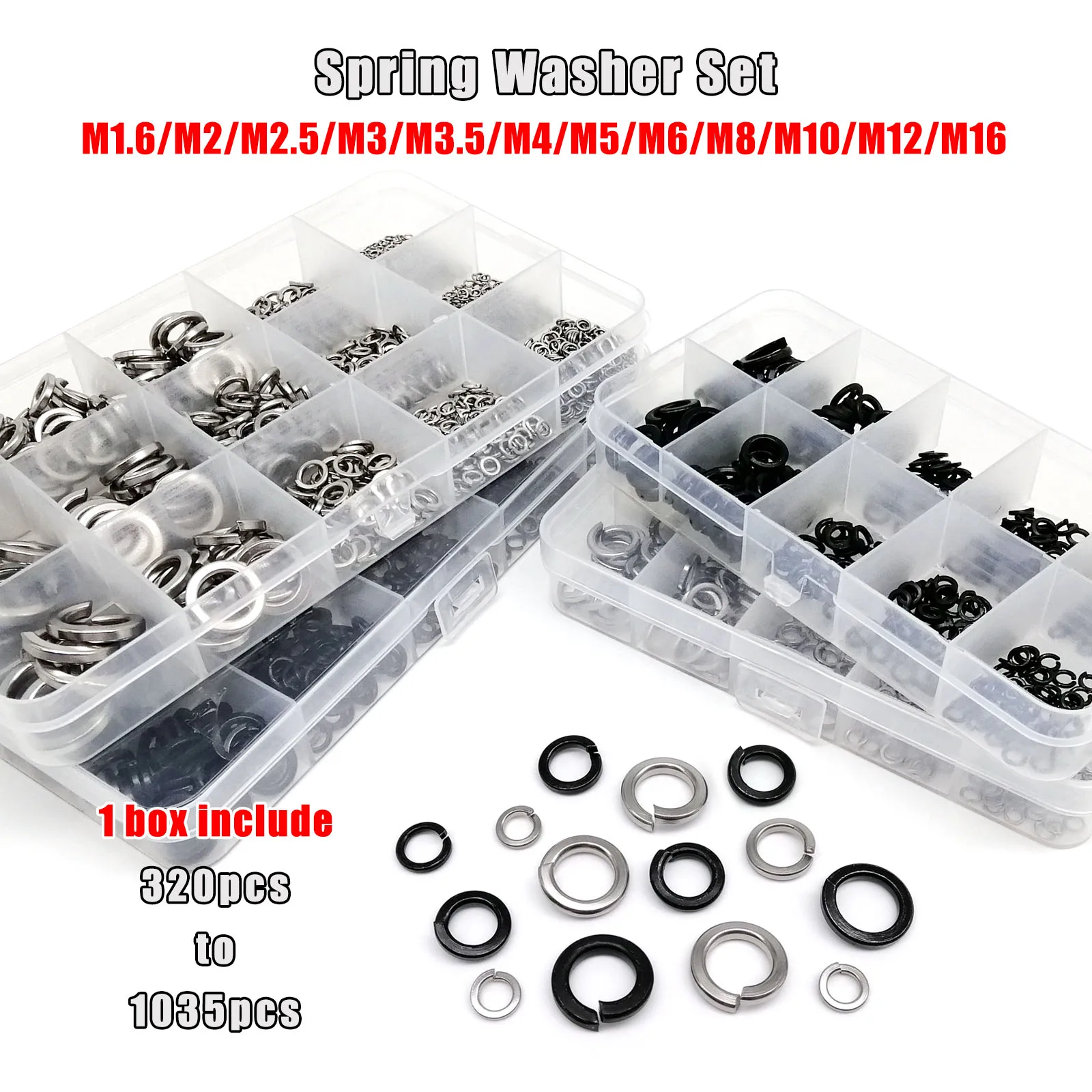 

1 Set Spring Split Lock Washer Elastic Gasket GB93 Mix M1.6 M2 M2.5 M3 M4 M5 M6 M8 M10 M12 M16 Kit Black 304 A2 Stainless Steel