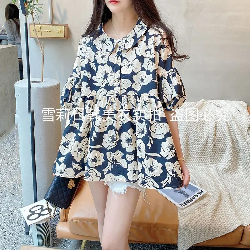 Women Summer Korean Loose Printing Cotton Peter Pan Collar Short Sleeve Casual Shirts Ladies Fashion Appear Thin All-match Tops