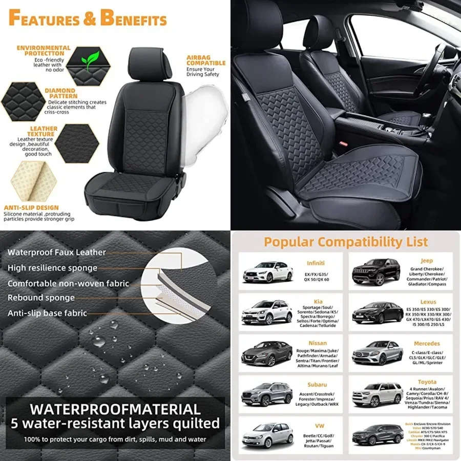 

2PCs Front Car Seat Covers Leather Water Proof Seat Protector Universal fit for Most Cars SUVs and Trucks Black