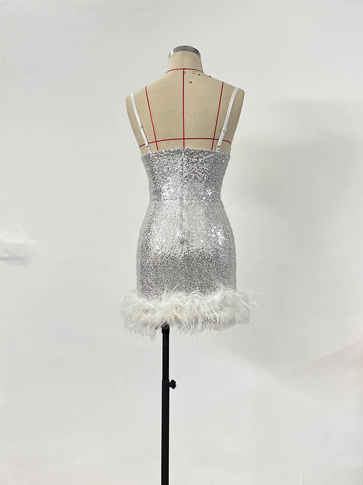 فستان نسائي أبيض مزين بالترتر من الفرو بدون أكمام بدون ظهر فساتين قصيرة مرحة للحفلات المسائية فستان أنيق للحفلات #5