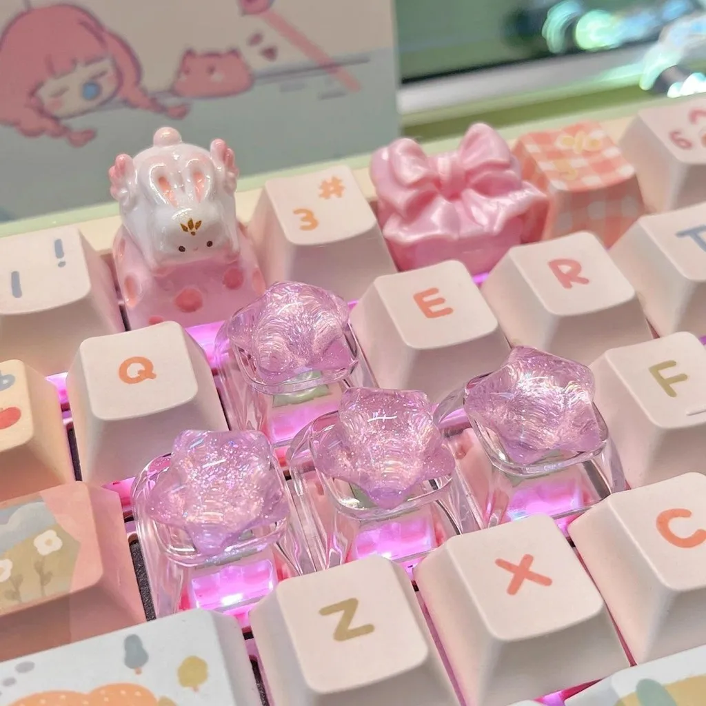 คีย์แคปใสลายดาววิบวับแบบส่วนตัว น่ารัก คีย์ WASD แบบไขว้ สำหรับคีย์บอร์ดแบบกลไก