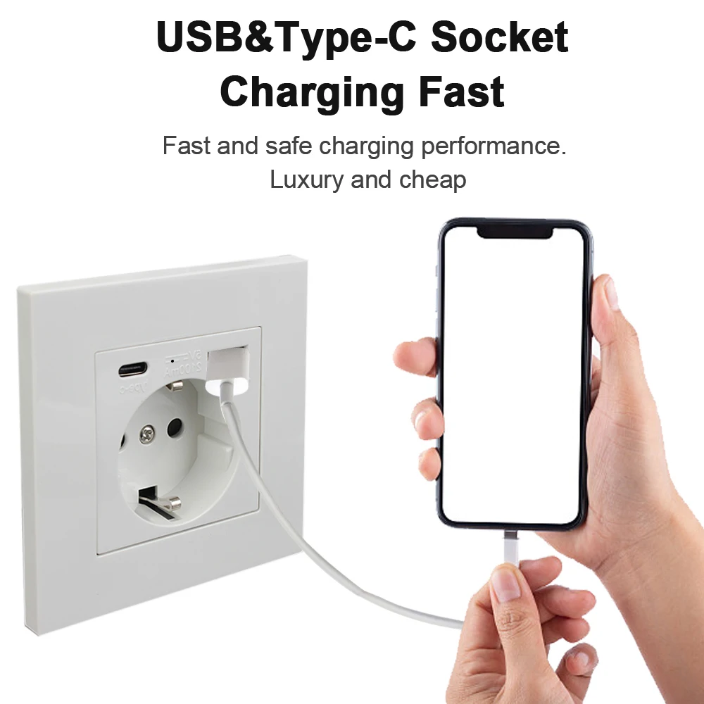 PC Panel With Usb Type-C Charging Port Power Outlets Germany Plug Socket EU Standard Electrical Wall Charger Adapter 16A