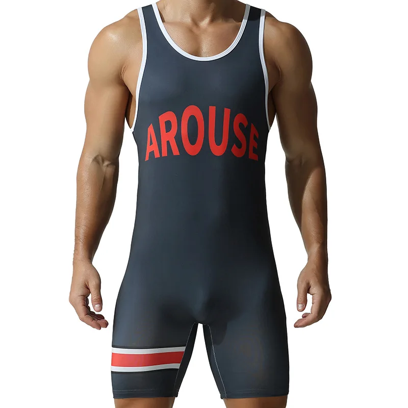 TAUWELL Letter Print Men Wrestling Singlet Stretch Athletic Gym Bodysuit Striped Sleeveless Sport Training Unitard Jumpsuit