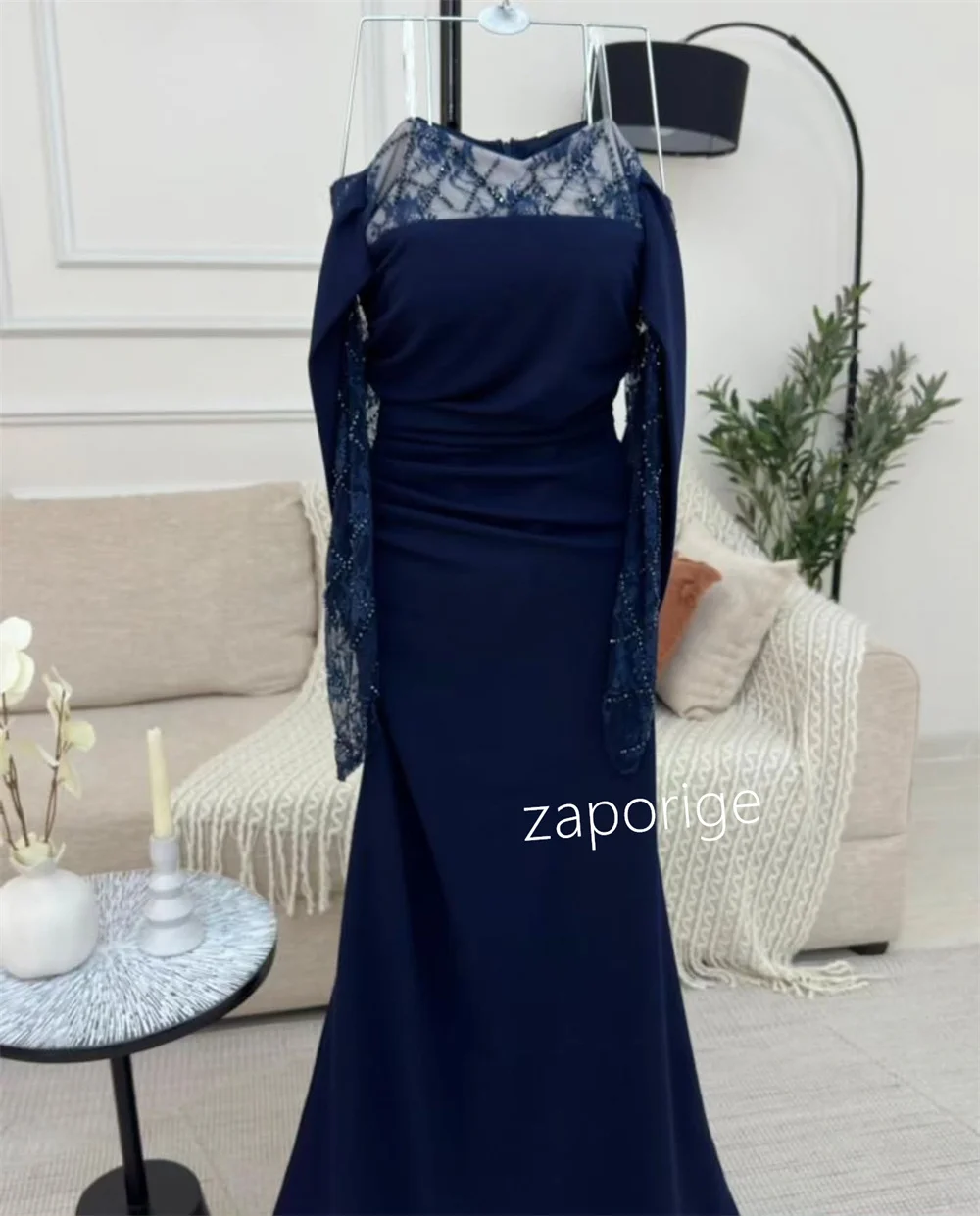 تخصيص جيرسي الطية ألف خط خارج على الكتف فساتين طويلة مخصصة مناسبة للحفلات مقاسات أنيقة المتاحة #5