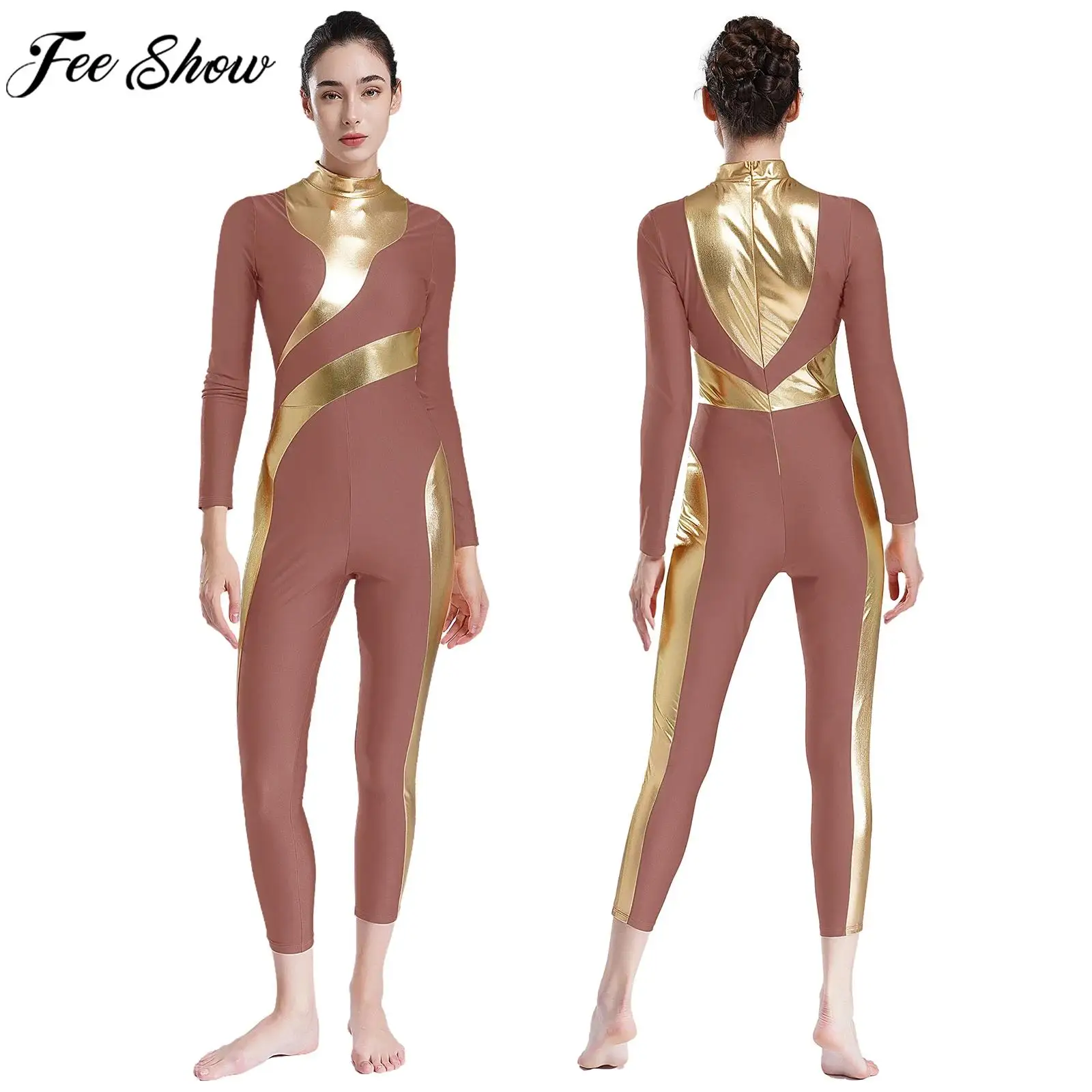 

Women Ballet Dance Leotard Long Sleeve Metallic Shiny Bodysuit Figure Skating Gymnastics Acrobatics Yoga Performance Jumpsuit