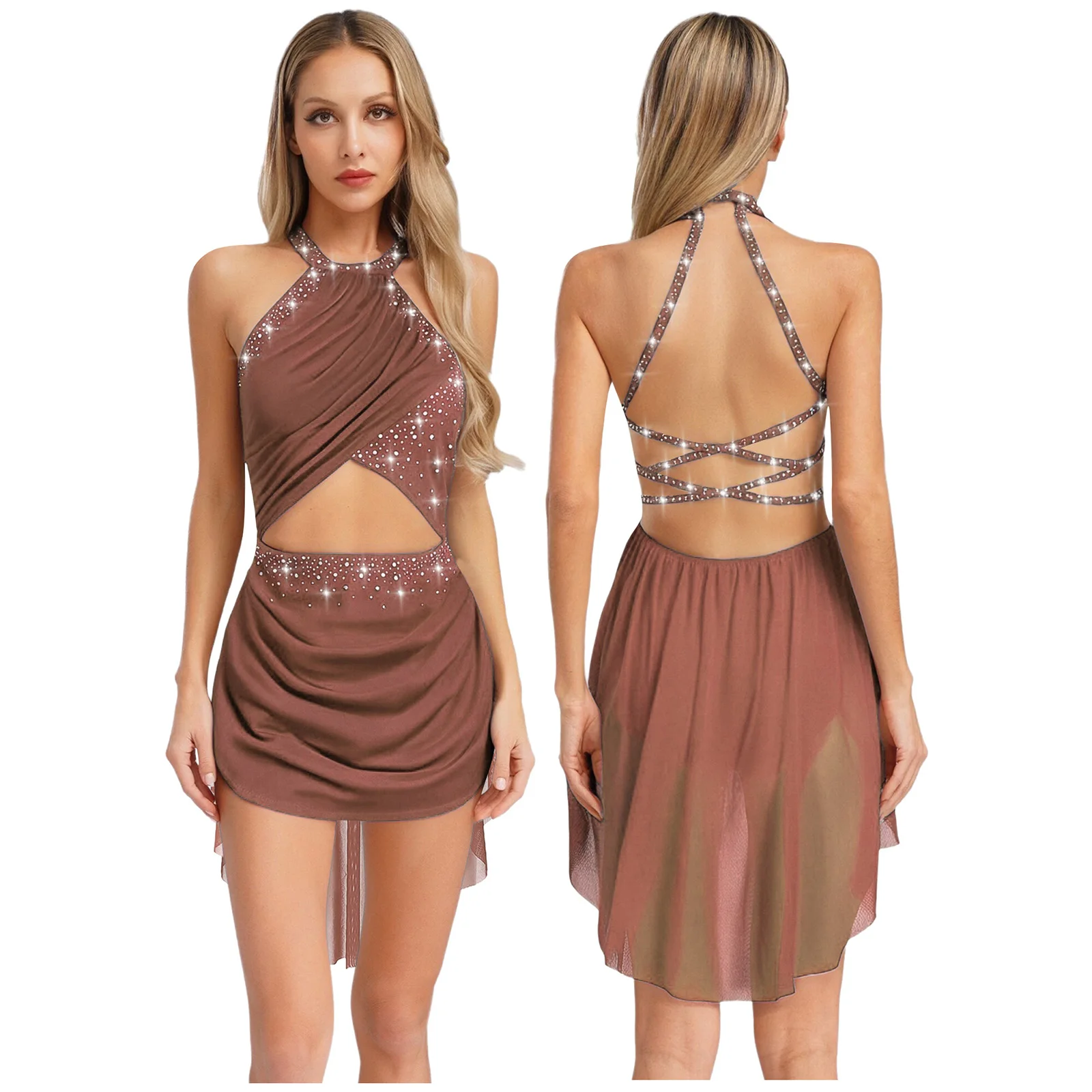 Womens Lyrical Dance Costume Figure Skating Ballet Gymnastics Performance Dancewear Cutout Sleeveless Rhinestone Leotard Dress