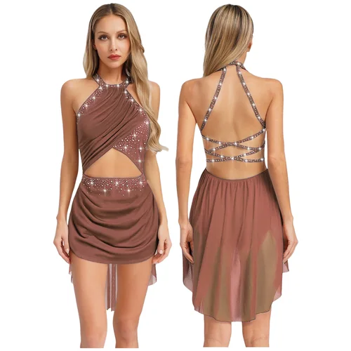 Imagen 2 del producto Traje de baile lírico para mujer, patinaje artístico, Ballet, gimnasia, Ropa de baile recortada, sin mangas, vestido de leotardo con diamantes de imitación