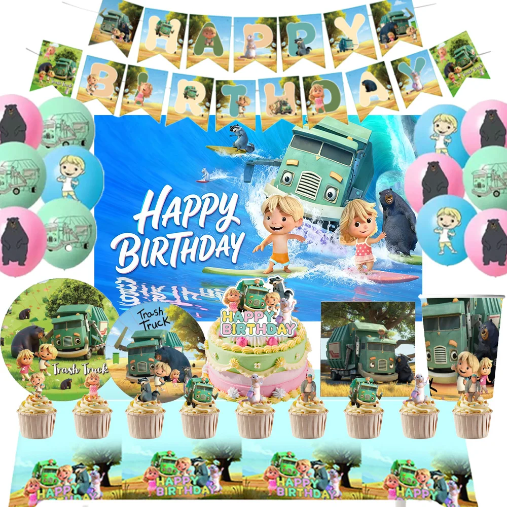 

Trash Truck Birthday Party Decorations Cartoon Backdrop Balloons Set Disposable Tableware Plates Cups Napkins Kid Favor Gift Toy