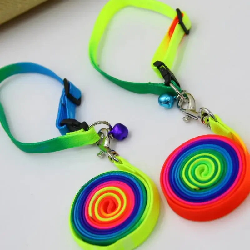 1pc Adjustable Collar and Leash Rainbow Nylon Pet Cat Puppy Dog Lead Daily Training Walking Outdoor Leashes With Bell