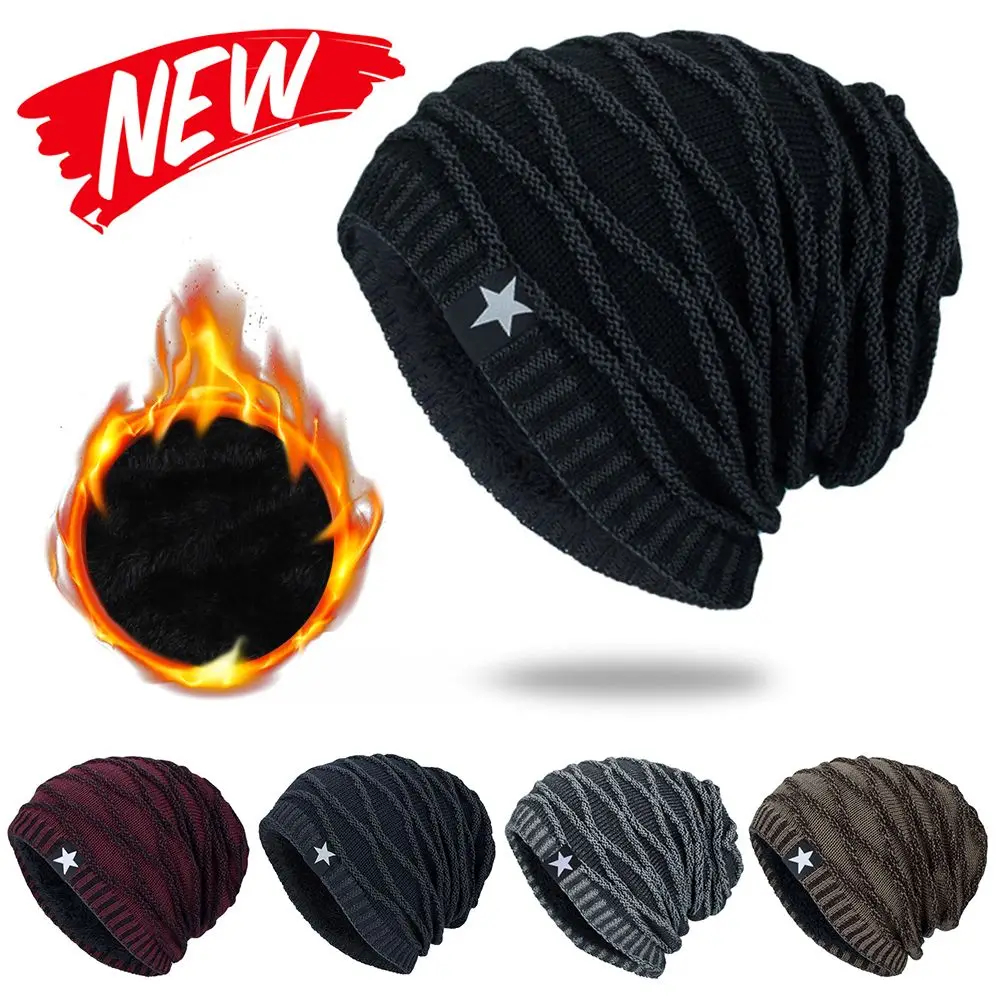 Outdoor Sports Fleece Lined Slouchy Men's Beanie Skull Cap Winter Warm Hat Knitted Hat Fleece Lined Outdoor Sports