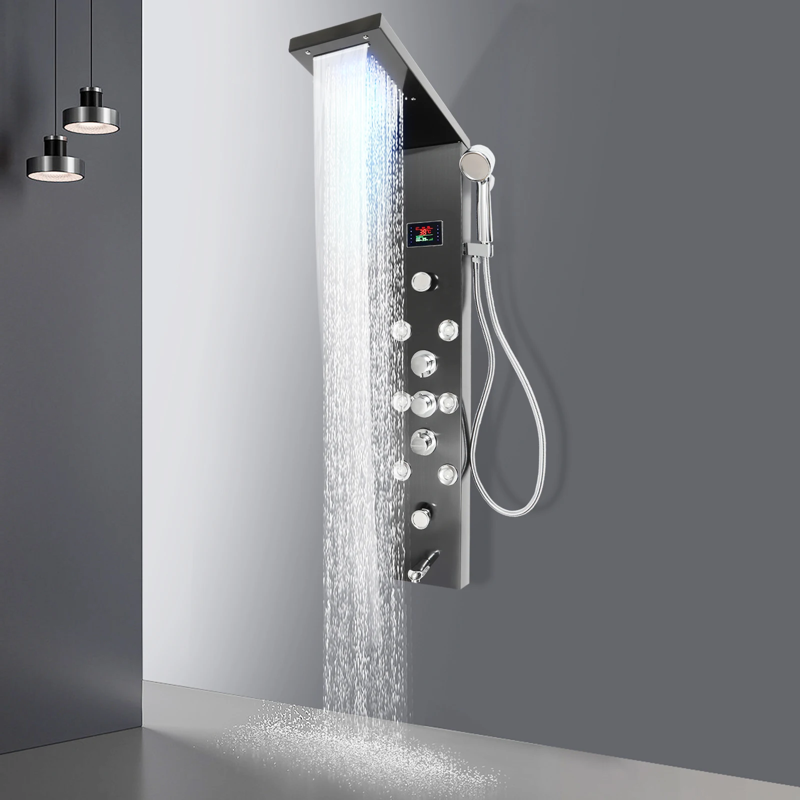 6-Function Shower Panel Tower System with LED Rainfall Waterfall Shower Head Rain Massage Full Body Shower System for Bathroom