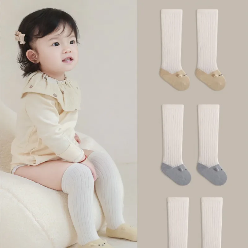 3Pairs/lot Children Girls Pantyhose Sweet Cartoon Patched Baby Girl Cotton Socks Ribbed Infant Breathable White Girls High Socks