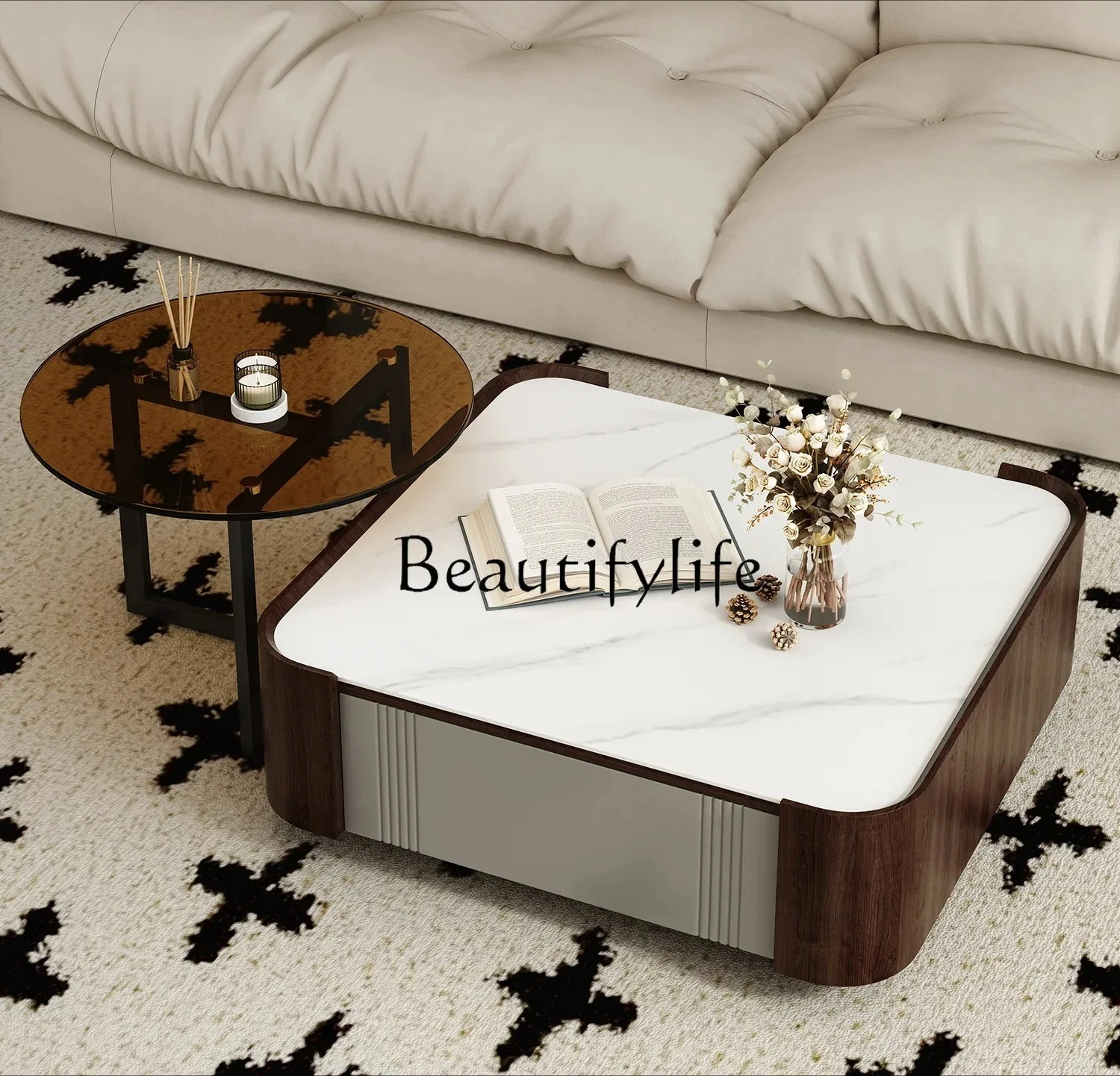 

S Mid-Ancient Style Stone Plate Coffee Table Living Room Home Coffee Table Small Apartment Light Luxury High-Grade Solid