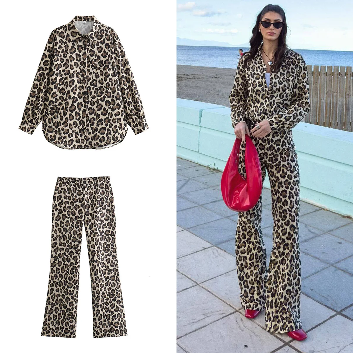 Women Leopard Print Shirt with Pocket & High Waist Pants Set 2 Pcs for Holiday High Street Long Trousers Suits Casual Girls