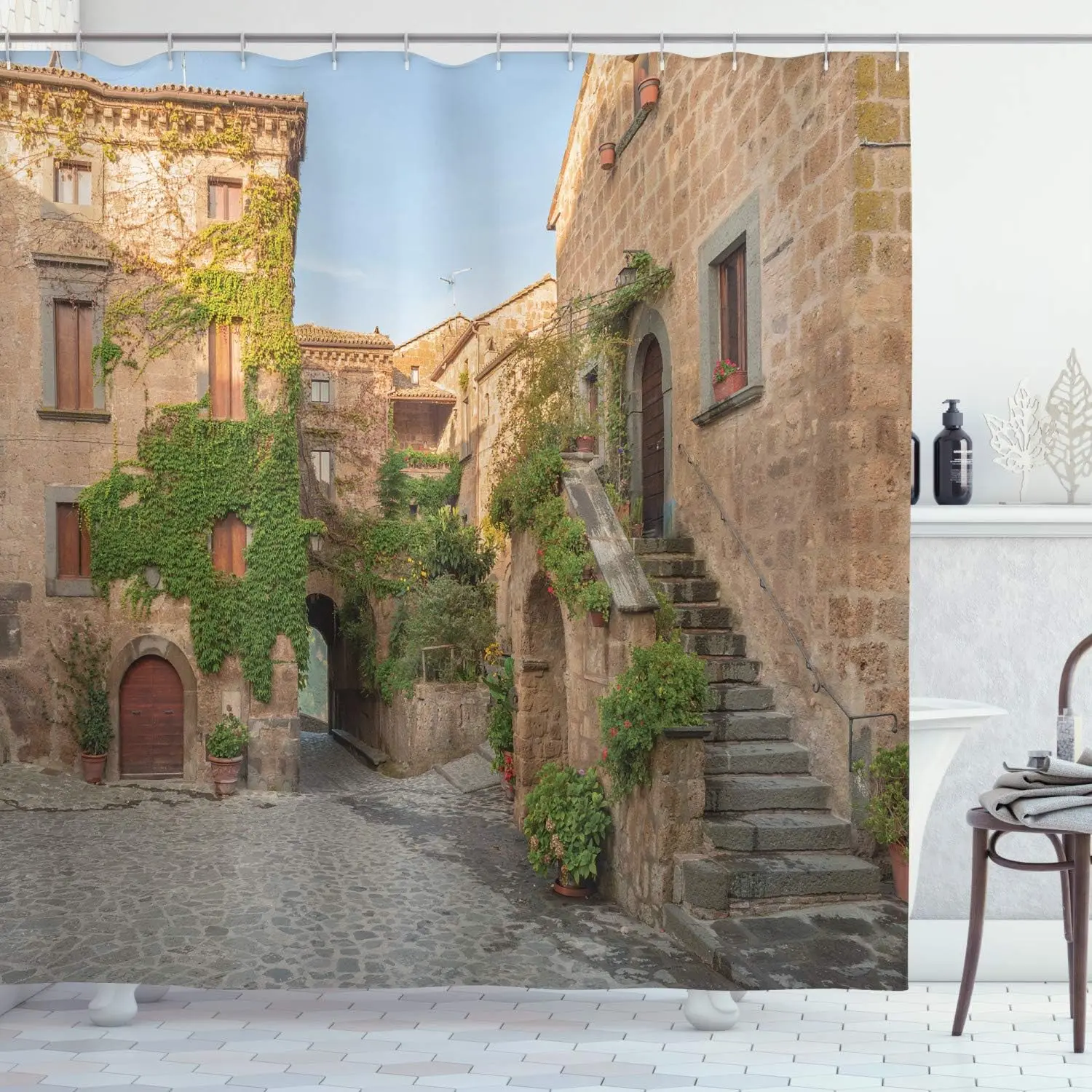 

Tuscan Village Shower Curtain – Italian Stone Houses with Flowering Balconies, Rustic Bathroom Decor for Elegant Home