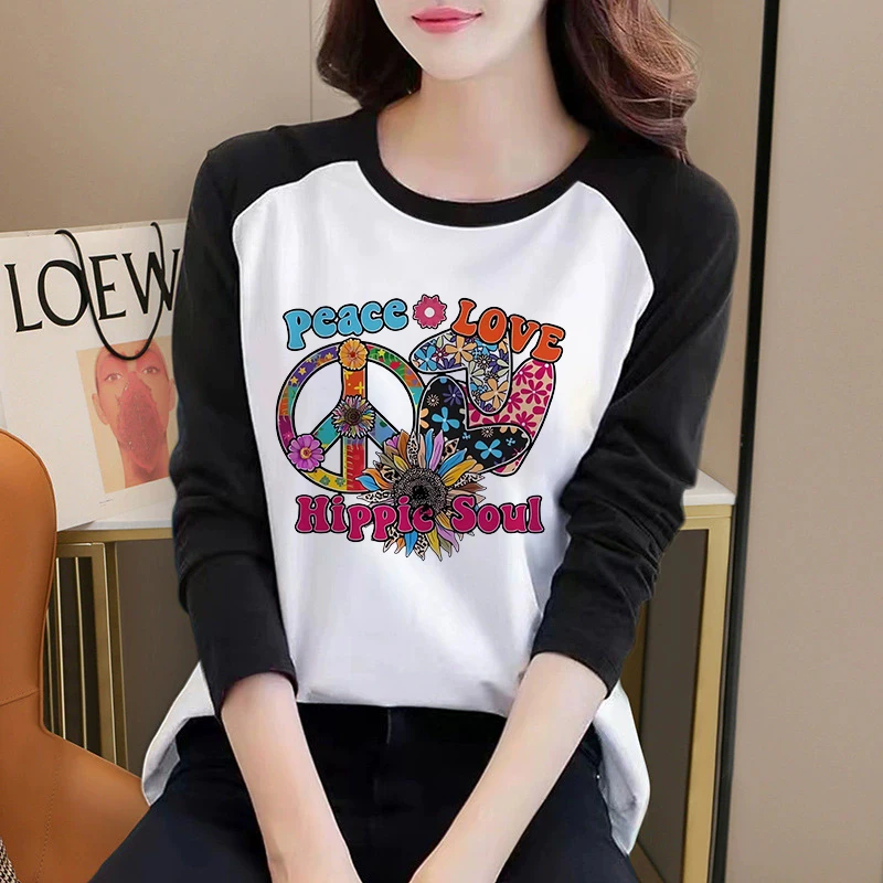 Lässiges Langarm-T-Shirt im 90er-Jahre-Koreanischen Stil Vintage T-Shirt für Damen mit Peace Love Hippie Soul Aufdruck Grafik-T-Shirt Kleidung