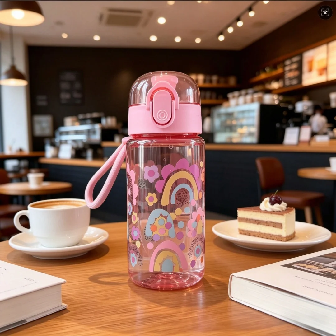 550ML Rainbow Dinosaur Elephant Printed Water Bottle, Fashion Portable Cup with Lanyard, Durable Lightweight Leakproof Large Cap