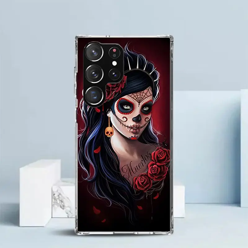 Catrina Beautiful Rose Girl Skull Phone Case For Samsung Galaxy S24 S25 Edge S26 Ultra S22 S23 Plus S21 + S20 FE Soft TPU Back C