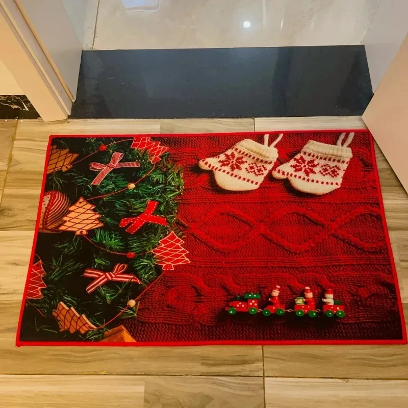 Christmas Red Carpet Squares Winter Christmas Tree Shining Gloves Home Gift Soft Flannel Non Slip Rug Doormat Bath Mat Decorate