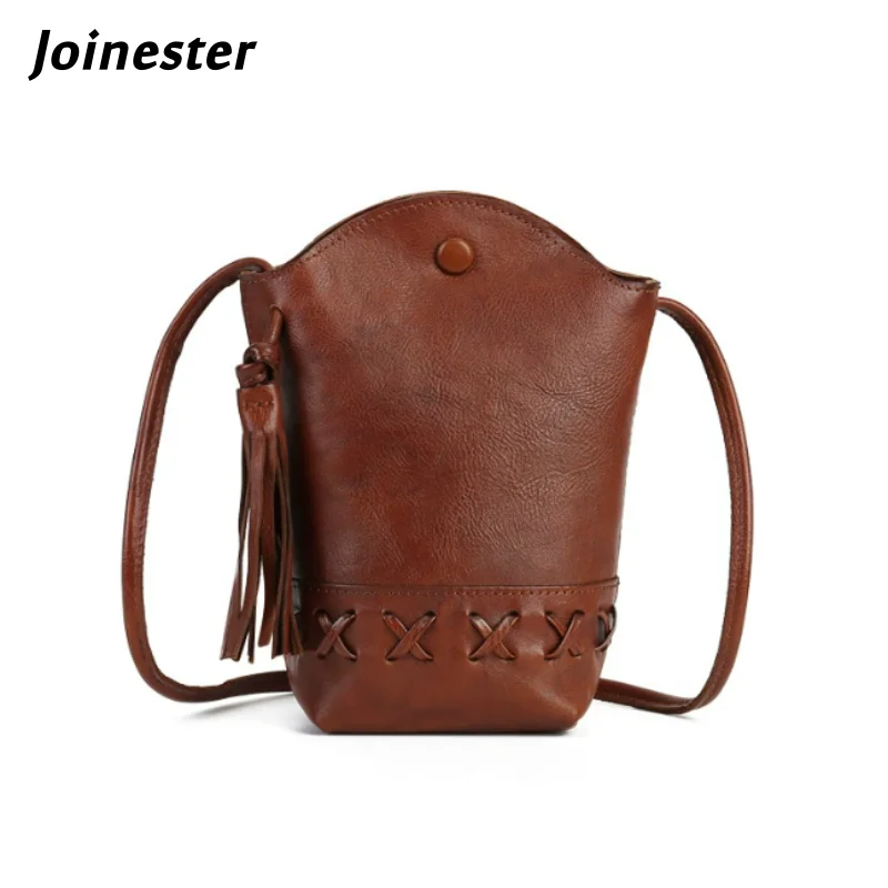 

Women Genuine Leather Cute Shoulder Bag with Tassel Classic Pure Color Casual Messenger Bags for Cellphone
