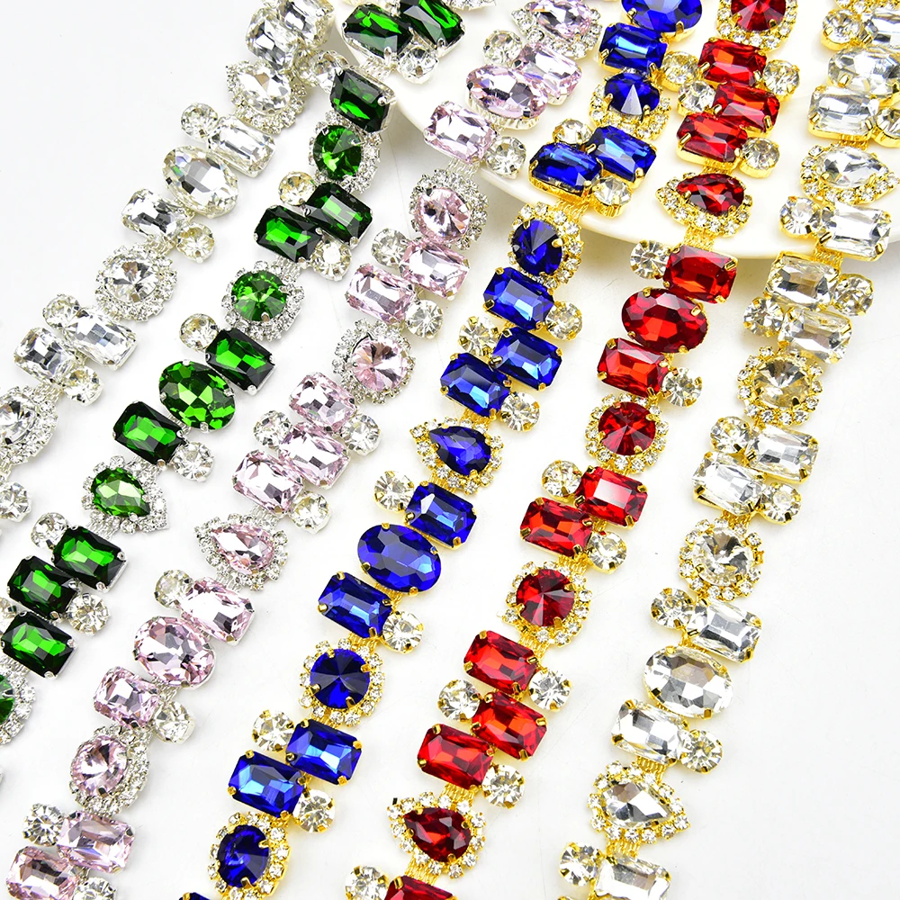 1 Yard Multiple Array Glass Rhinestone Chain Bling Crystal Silver Metal Ribbon Wrap Trim for Clothing Wedding Cake Accessories