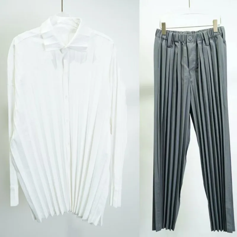 Miyake Pleated Men's Suit 2025 Fall New Solid Color Slim Shirt + Straight Pants Plisse 2-piece Set Personality Casual Versatile