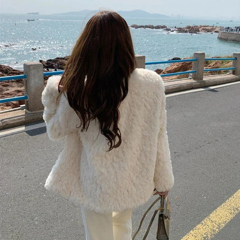 Korean Lamb Wool Coats Women Streetwear Faux Fur Jackets Office Lady Autumn Winter Elegant Thick Warm Loose New Women\'s Coat