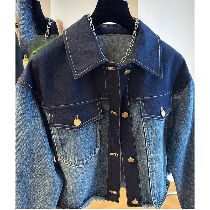 Spring Autumn Ladies Short Long Sleeves Cowboy Coat Female Loose Fitting Gradient Color Denim Jacket Women Fashion Jeans Outwear