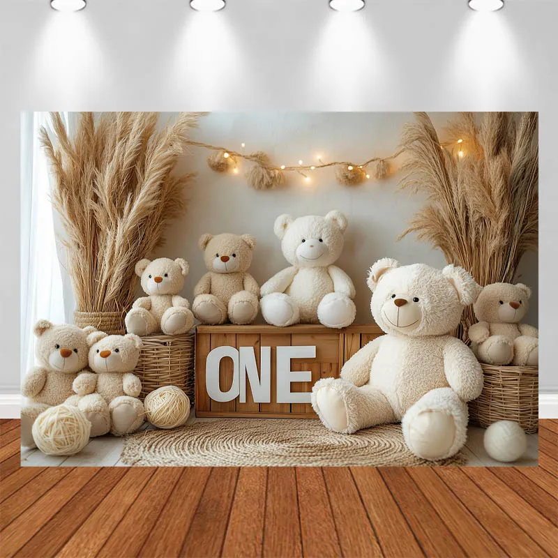 

LS Photography Background Bohemian Cute White Bear Pampas Grass Decor 1st Birthday Cake Smash Kids Portrait Photo Backdrop Studi